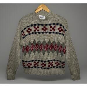 Vtg JJ Fargo Thick Knit Tan Red Blue Green Fair Isle Geometric Grannycore Size M